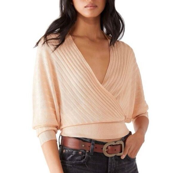 Free People Peach Pluto Sheer Wrap Sweater Rose Wine Combo Size Extra Small - Picture 7 of 7